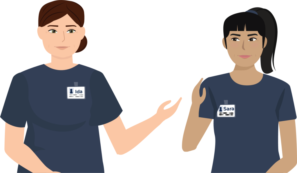 illustration af to sundhedsfaglige medarbejdere fra KvaliCares e-læringsmoduler