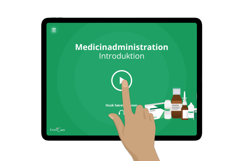 Mockup af tablet der afspiller KvaliCares e-læringsmodul "Medicinadministration - Introduktion"